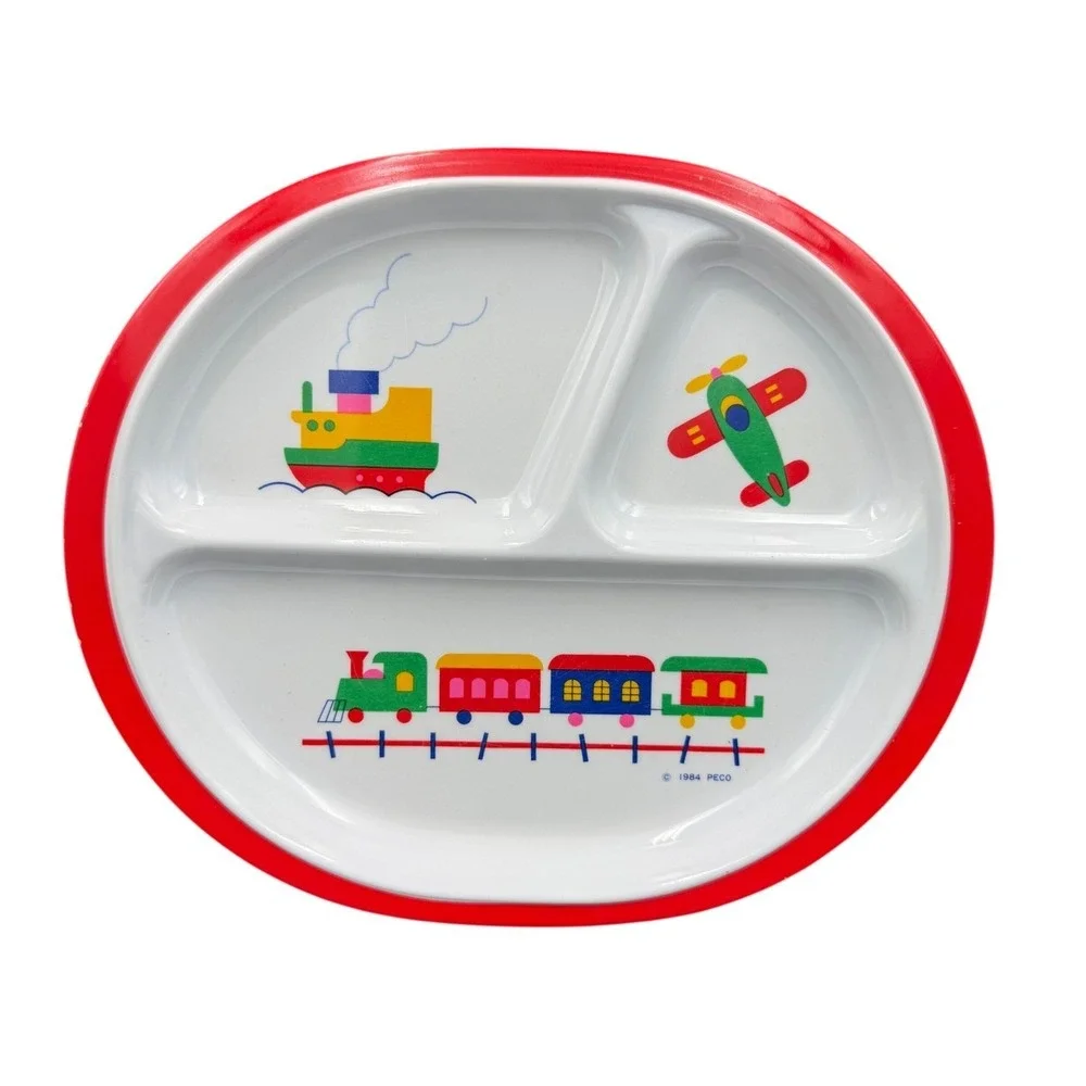 Vintage 1984 PECO Melamine Kids Divided Plate Train Plane Boat Red White 01674